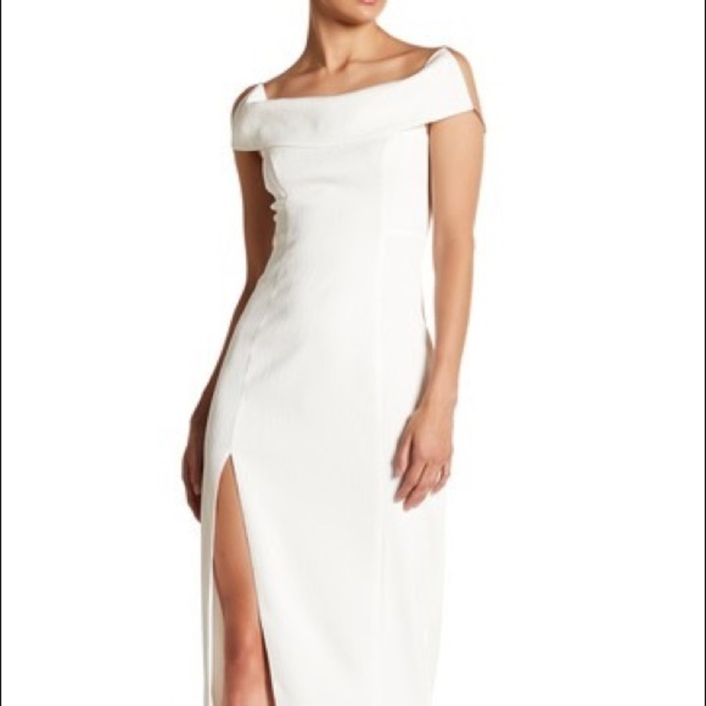 White Off the Shoulder Midi Front Slit Dress